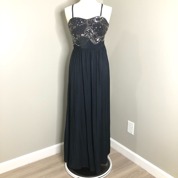 Moon Collection Navy Blue Long Beaded Bodice Prom Dress Size Medium